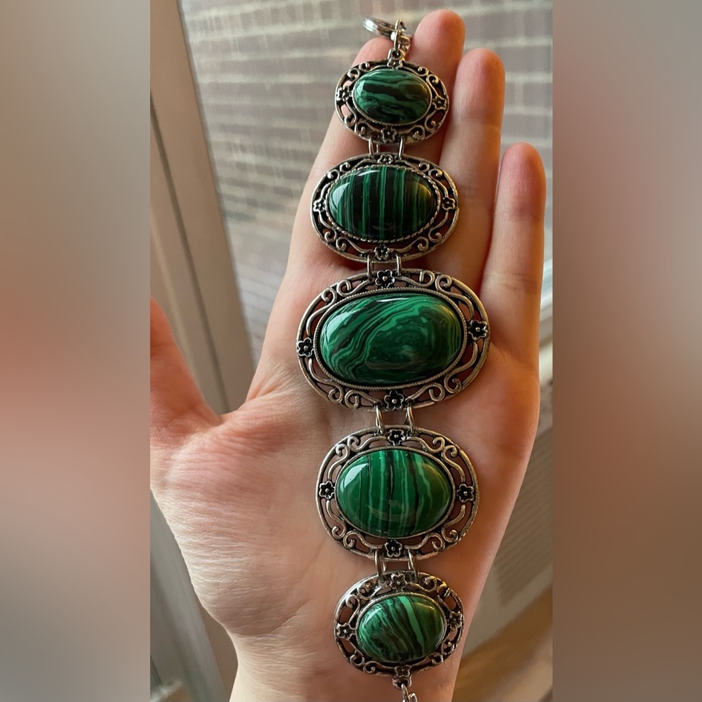 Vintage Genuine Malachite Statement Link Bracelet